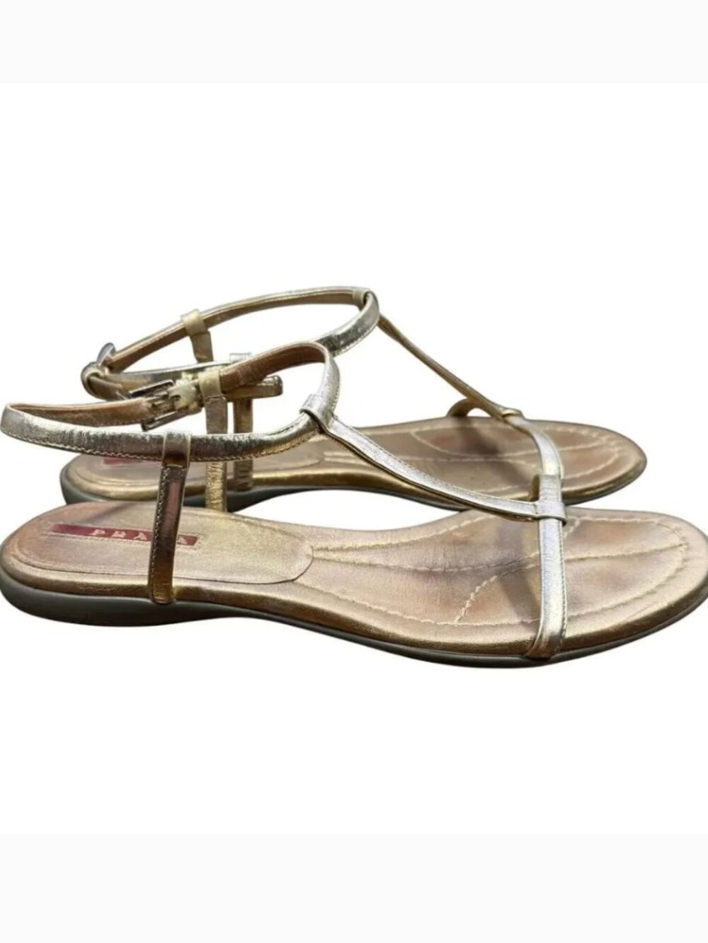 Prada Gold T Strap Sandals Size US 7.5